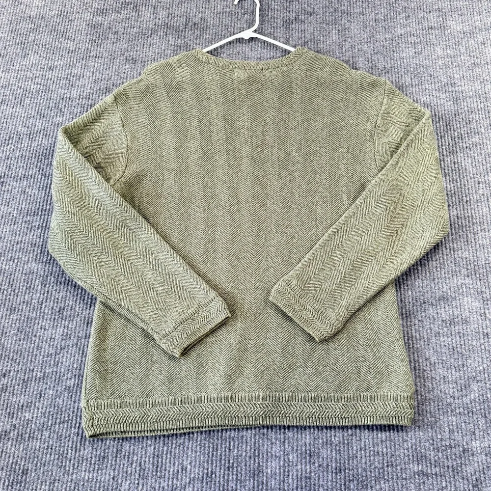 Chaps Sweater Mens Large Green Herringbone Knit Crewneck Cotton Pullover Logo